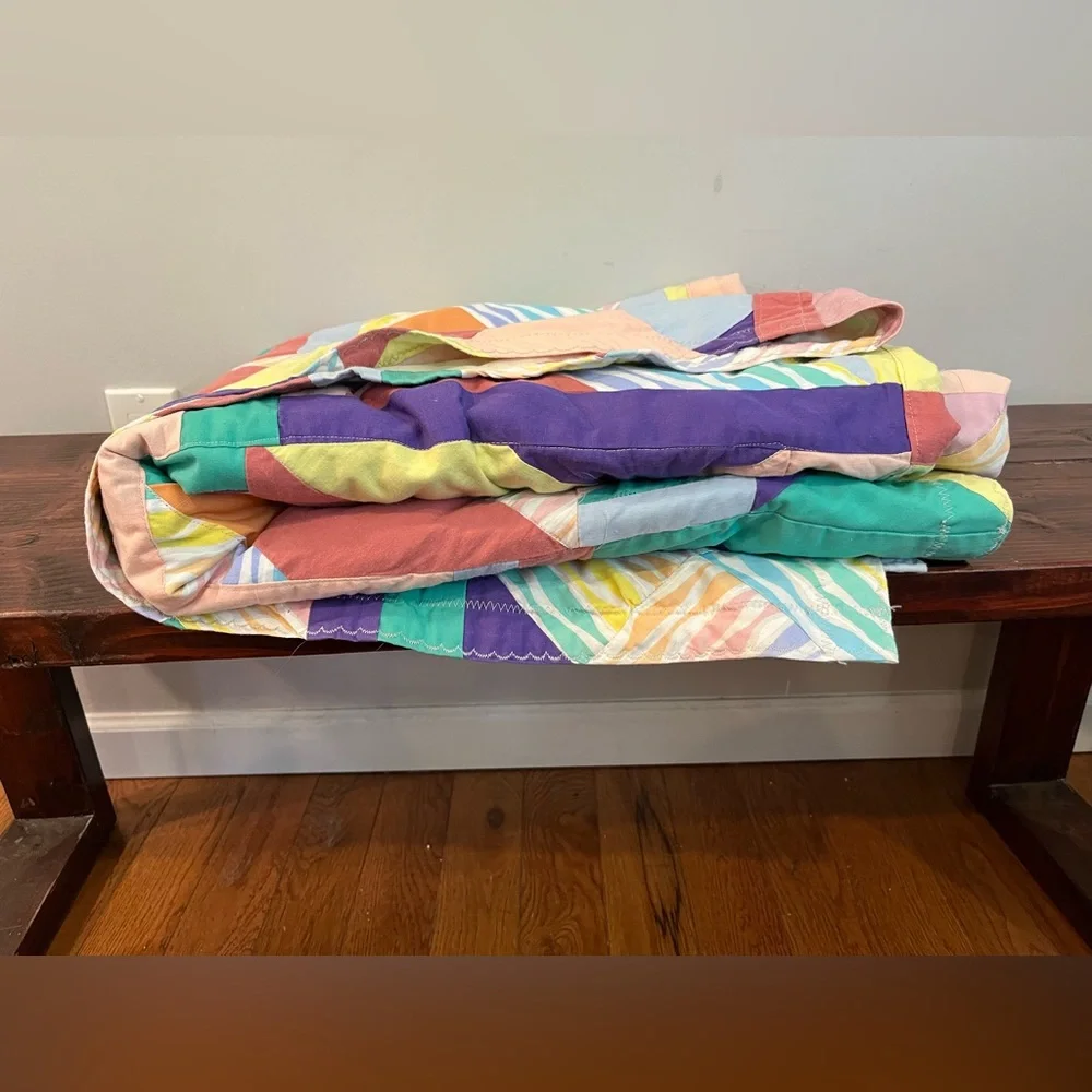 Vintage Handmade Quilt Patchwork‎ Colorful Geometric Cotton Blanket Nannette